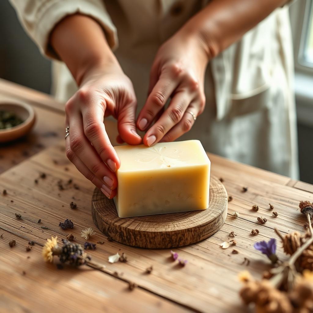 Mãos artesãs moldando um sabonete natural sobre mesa de madeira