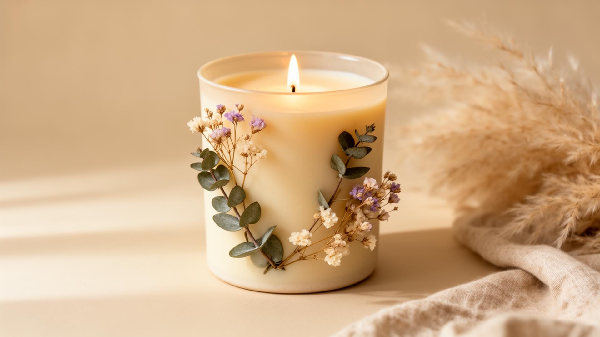 Vela aromática artesanal com flores secas em ambiente acolhedor